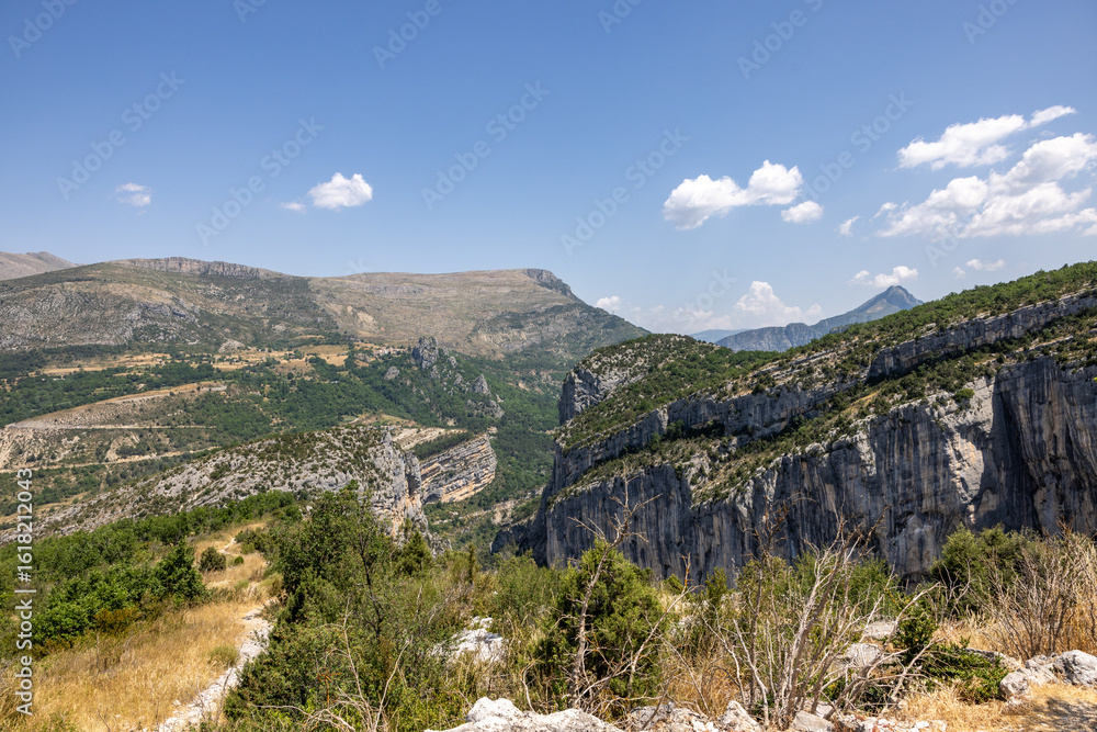 Fototapeta premium Breathtaking views from The Route des Crêtes on the Gorges du Verdon a deep, steep canyon formed by the Verdon River located in the Alpes-de-Haute-Provence region of Southeastern France.