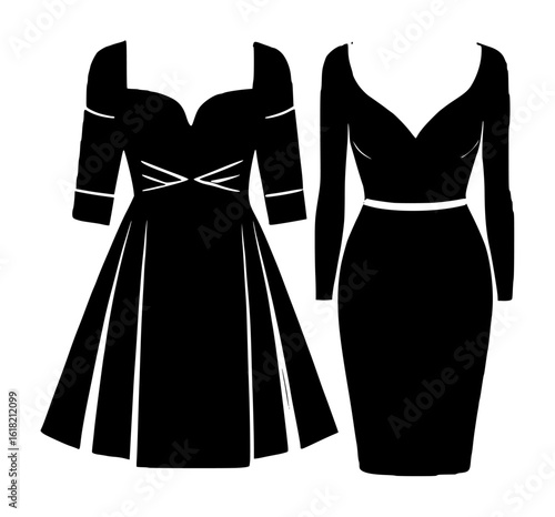 Silhouettes of Elegant Dresses on White Background