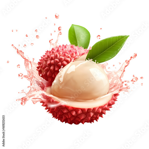 Fresh Lychee Fruit with Splash of Lychee Juice Floating in Air