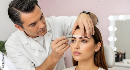 Wallpaper Mural Cosmetologist performing eyebrow mapping and shaping on a client in a beauty salon Torontodigital.ca
