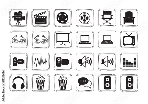 Doodle Style Movie and Entertainment Icons Set for Design Projects and Creative Presentations black and white