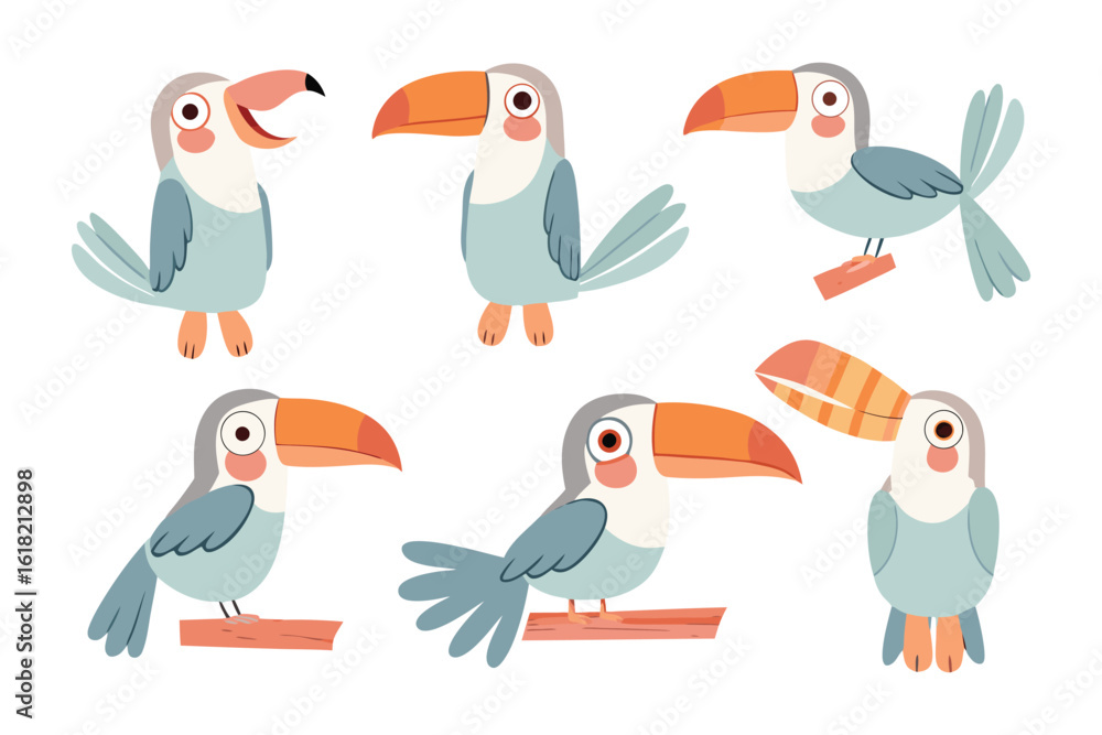 Fototapeta premium Charming Toucan Collection: Captivating illustration featuring a delightful array of toucans in various poses, perfect for adding a touch of tropical flair to any project.