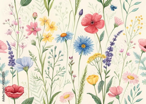 Wallpaper Mural Beautiful floral summer seamless pattern with watercolor hand drawn field wild flowers. Stock illustration.
 Torontodigital.ca
