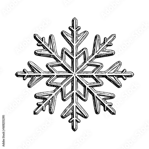 Snowflake sketch engraving black and white outline. Scratch board imitation. illustrated in vintage line art style on a white background.