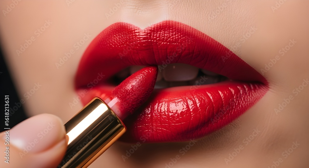 Obraz premium Close-up of a woman applying bright red lipstick on her perfect lips
