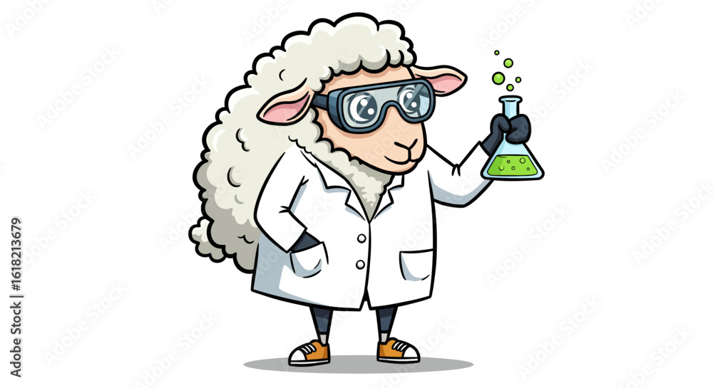 Obraz premium A cartoon sheep scientist in a lab coat and goggles holding a bubbling chemical flask. A whimsical mascot for science and research.