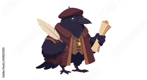 An intelligent crow character dressed as a historical poet or scholar, holding a feather quill and parchment.