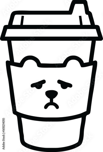 A black and white line art illustration of a takeaway coffee cup with a sad bear-shaped sleeve.