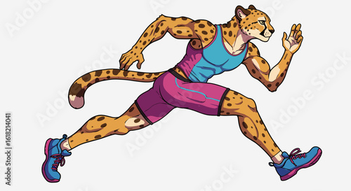 Anthropomorphic Cheetah Athlete in Full Sprinting Stance, Depicting Speed and Agility in Athletic Apparel
