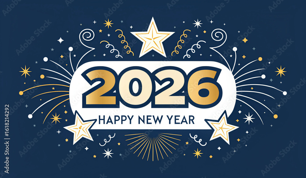 Naklejka premium A festive digital graphic featuring the year 2026 in large, bold, yellow text, surrounded by colorful fireworks and stars. The words Happy New Year are displayed in smaller text below the year, all se