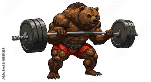 An anthropomorphic brown bear bodybuilder with immense muscles lifting a heavy barbell. A concept of raw power and strength.