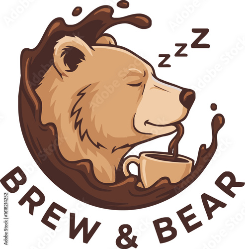 A sleepy cartoon bear mascot dozes off while drinking coffee from a mug, surrounded by a large liquid splash.