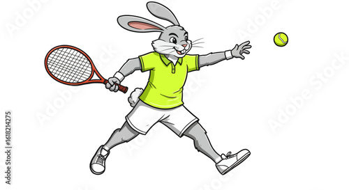 Athletic cartoon rabbit tennis player character lunging for a volley. Energetic hare mascot in a sports match illustration.