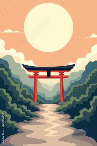 Japan torii gate shrine scenery vector draw design