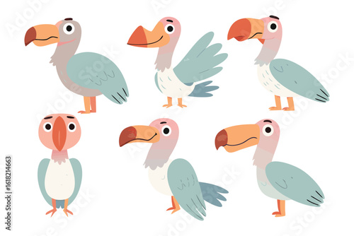 Cartoon Dodo Birds: a set of charming cartoon illustrations of dodo birds, a light blue body with a prominent orange beak and a friendly expression, ideal for children's content.