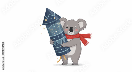 A cheerful cartoon koala in a red scarf happily holding a large festive firework rocket for a celebration