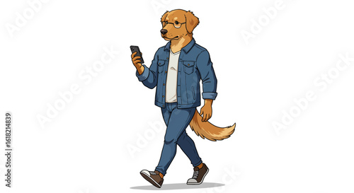A stylish anthropomorphic Golden Retriever dog wearing glasses and a denim outfit, walking while looking at a smartphone screen.