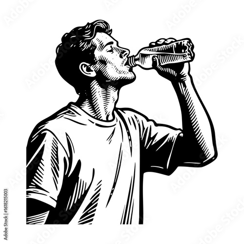 Man drink mineral water from bottle sketch engraving black and white outline. Scratch board imitation. illustrated in vintage line art style on a white background.