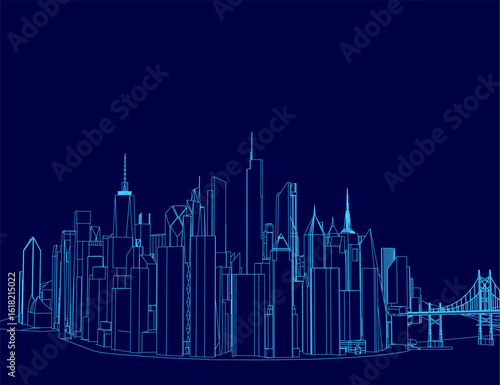 Blueprint of New York City skyline features a prominent bridge in the foreground with detailed architectural contours. The dark blue background enhances the technical drawing aesthetic.