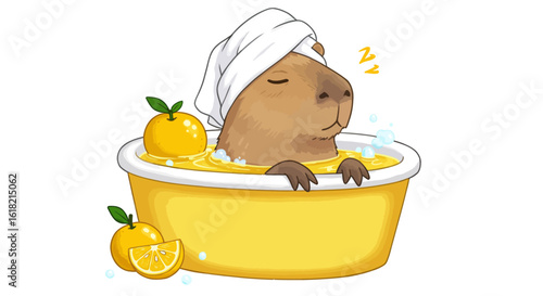 Adorable illustrated capybara enjoying a moment of calm and relaxation in a warm yuzu citrus bath. A cute animal spa concept.