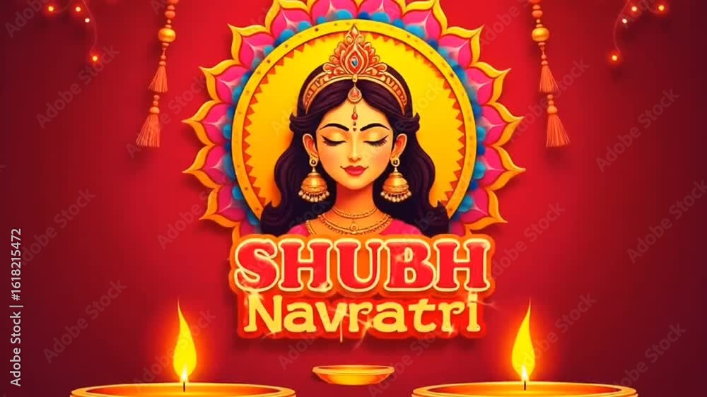 Shubh Navratri(Happy Navratri) banner vector illustration. Goddess Mahadevi, Dandiya sticks and kalash(pitcher pot) on red Indian pattern background.