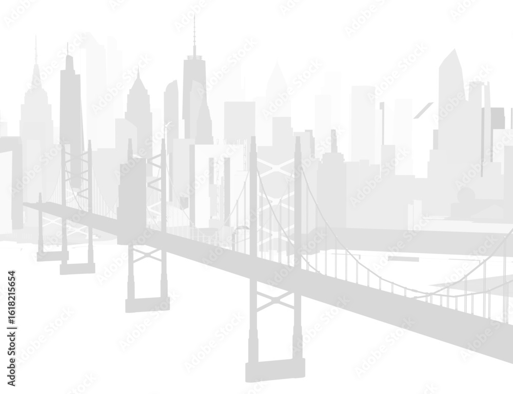 Fototapeta premium Silhpuette black and white illustration of the Golden Gate Bridge in San Francisco, featuring the city skyline in the background with geometric shapes. The design combines urban architecture.