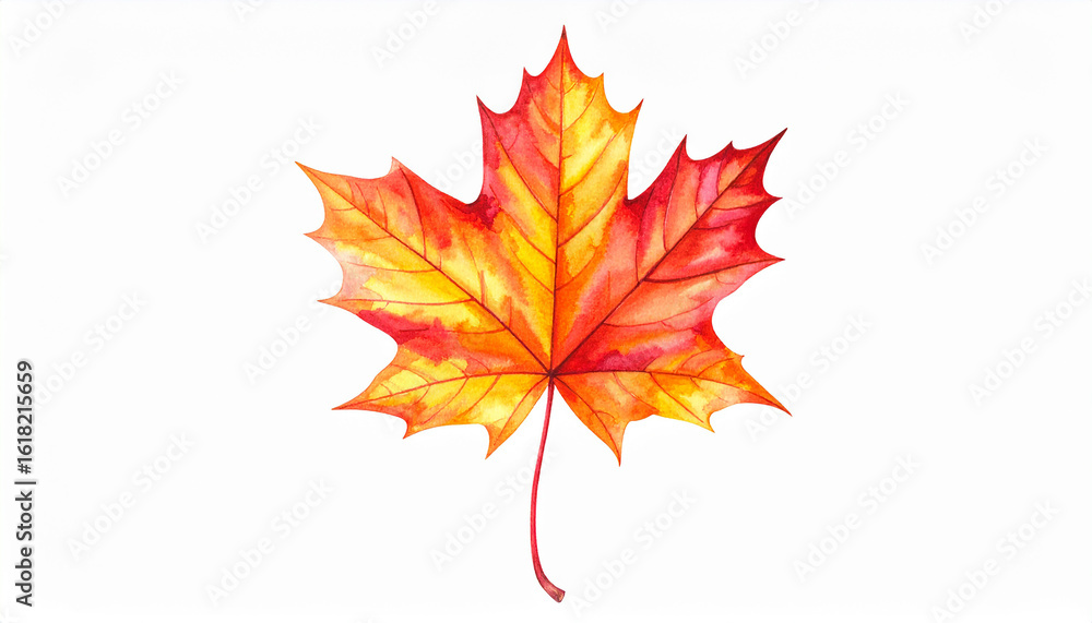 Fototapeta premium Watercolor painting of autumn maple leaf on white. Fall season. Botanical art. Hand drawn art.