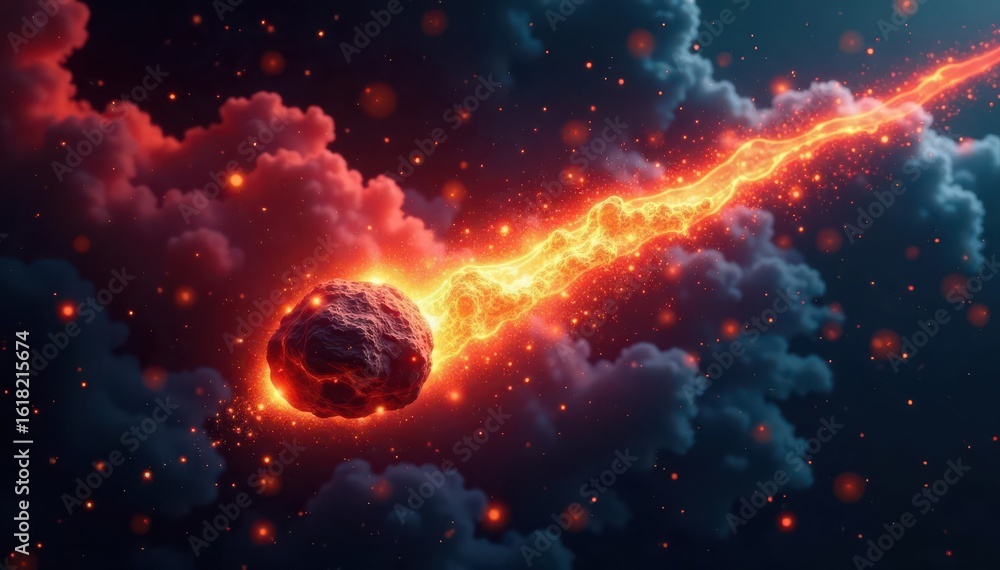 Fototapeta premium Glowing meteoroid hurtles through dark space, leaving fiery debris , illustration, glowing