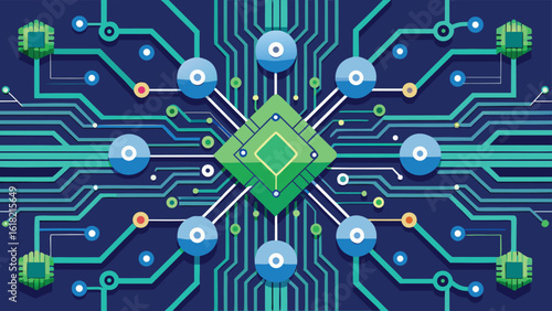 Abstract circuit board vector graphic with processors and connections in green and blue tones for modern tech designs