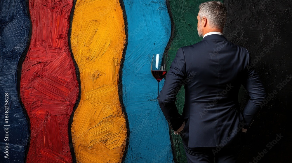 Man in Dark Suit Contemplates Colorful Wall with Wine Man in Dark Suit Contemplates Colorful Wall with Wine