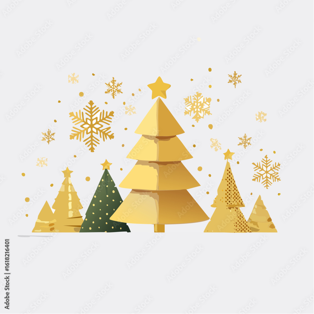 Obraz premium Festive Forest: A collection of golden, and green stylized Christmas trees, adorned with golden stars and snowflakes, embodies the spirit of the winter holiday season. 