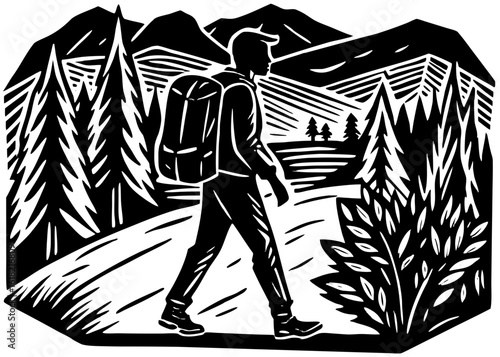 Man Walking with Backpack Silhouette – Travel Scene Linocut Black Vector

