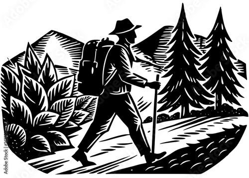 Man Walking with Backpack Silhouette – Travel Scene Linocut Black Vector

