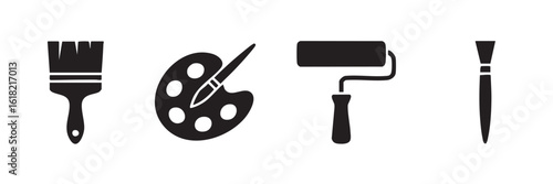 Black and white minimalist icons of painting tools on white background artist artwork