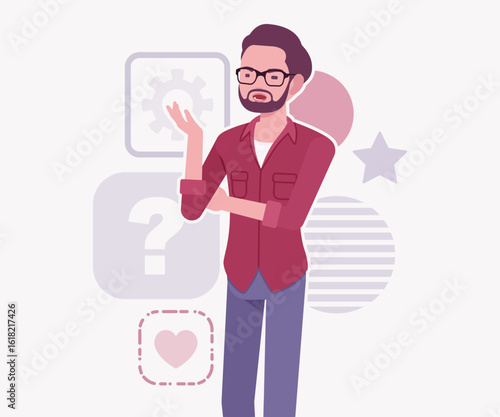 Modern businessman, smart startupper speech pose. Small business company developer, founder entrepreneur, handsome freelance male vector flat style cartoon illustration, abstract creative background