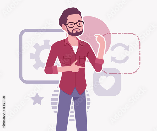 Modern businessman, smart startupper speech giving pose. Small business company developer, founder entrepreneur, handsome freelance vector flat style cartoon illustration, abstract creative background