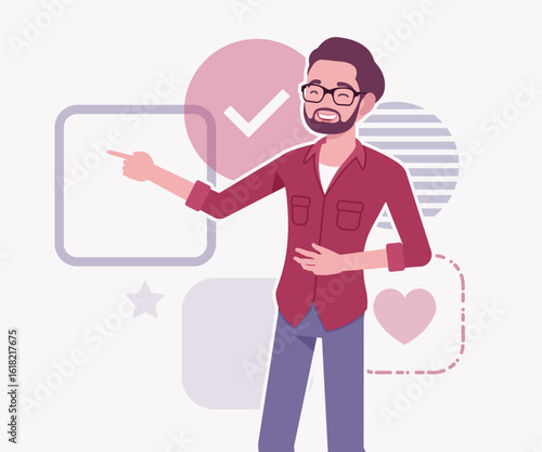 Modern businessman, smart startupper spokesperson pose. Small business company developer, founder entrepreneur, handsome freelance vector flat style cartoon illustration, abstract creative background