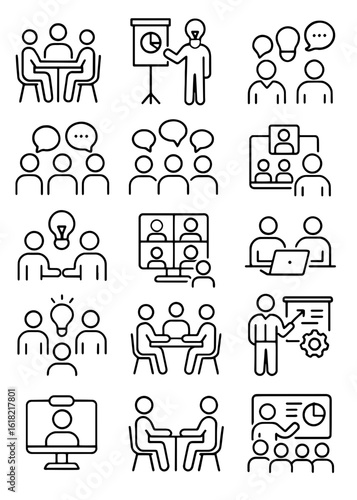 A collection of line art icons depicting business meetings, presentations, and team collaboration scenes