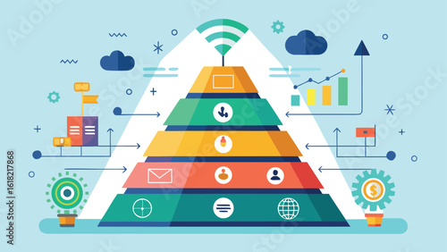 Business pyramid vector illustration with marketing icons representing sales funnel and strategies for social media engagement and targeting customers