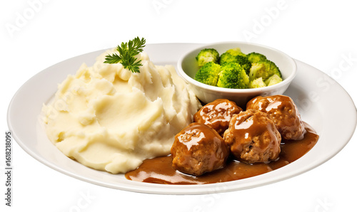food photography, shows a classic white dinnerplate with a warm, freshly served dinner plate in focus. The plate holds a hearty meal of swedish meatballs, mashed potatoes with gravy, and stea