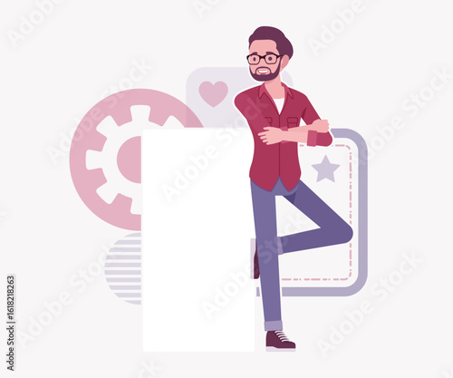 Modern businessman, smart startupper copy space adv lean pose. Business company developer, founder entrepreneur, handsome freelance vector flat style cartoon illustration, abstract creative background
