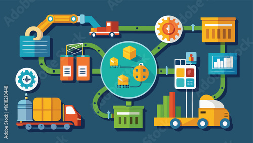 Cartoon factory automation system conveyor belt and machinery for transportation and packaging of goods in business and commerce industry