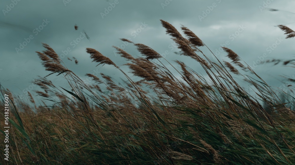 Fototapeta premium A field of tall grasses swaying violently in the wind, with dust and leaves being carried along, demonstrating high wind speed and natural movement