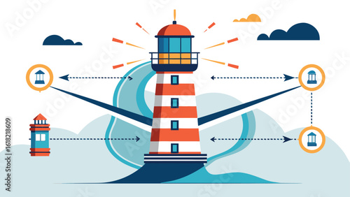 Central lighthouse connecting networks across open waters guiding directions to nearby structures with clouds and waves for navigation