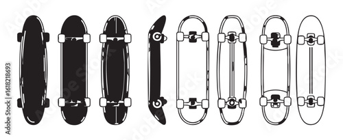 Collection of black and white skateboard illustrations in various views skateboards longboard