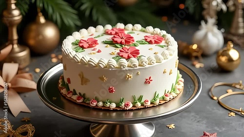 Wallpaper Mural Elegant white cake adorned with red flowers and festive decorations, perfect for celebrations. Torontodigital.ca