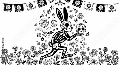 "Skeleton Rabbit Running in Day of the Dead Decorative Style"