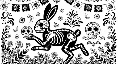 "Skeleton Rabbit with Skull in Day of the Dead Artwork"