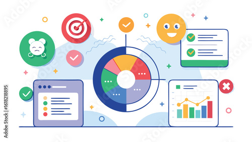 Colorful business dashboard vector design showing data analysis charts targets and task management for presentation