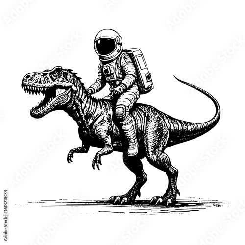 Astronaut ride tyrannosaurus sketch engraving black and white outline. Scratch board imitation.